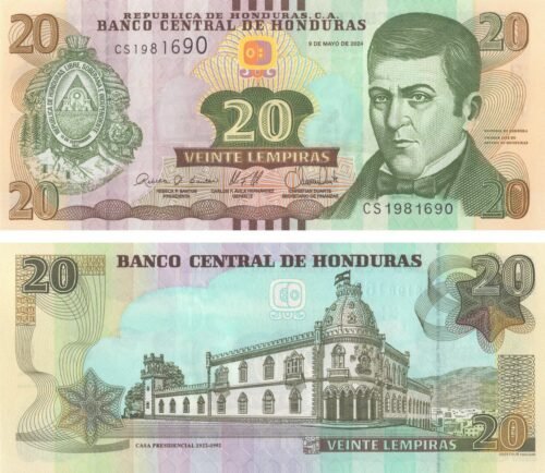 Honduras 20 Lempiras 2024 P-100f UNC Banknote – Obverse and Reverse