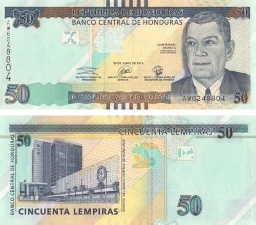 honduras-50-lempiras-2019-p-104-unc-obverse-reverse Honduras 50 Lempiras 2019 P-104 UNC Banknote – Obverse and Reverse