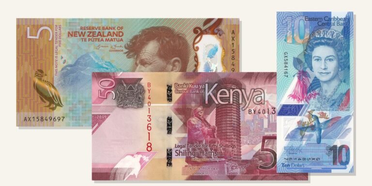 New Zealand, Kenya and Eastern Caribbean banknotes illustrating different banknote creation and production models