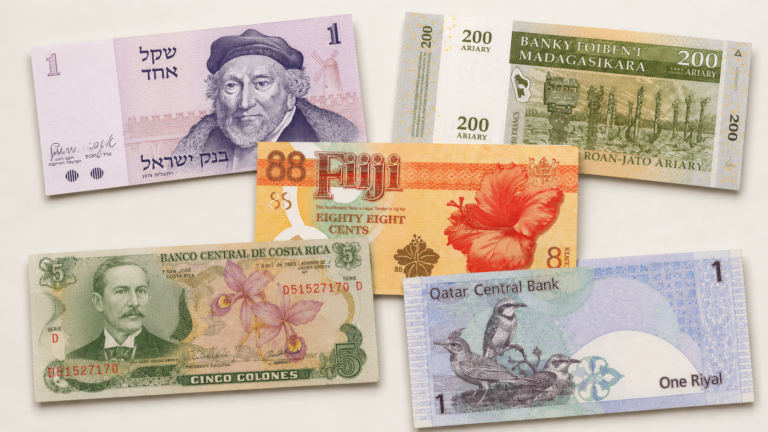 World banknotes from Israel, Madagascar, Fiji, Costa Rica and Qatar