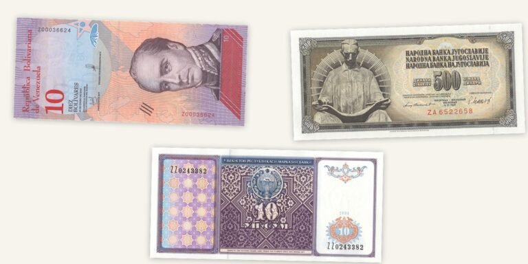 Venezuela, Yugoslavia and Uzbekistan replacement banknotes showing the Z, ZA and ZZ serial-number prefixes