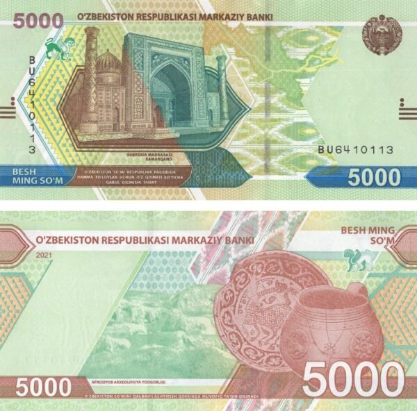 Uzbekistan 5000 Sum 2021 P-88 UNC Banknote – Obverse and Reverse