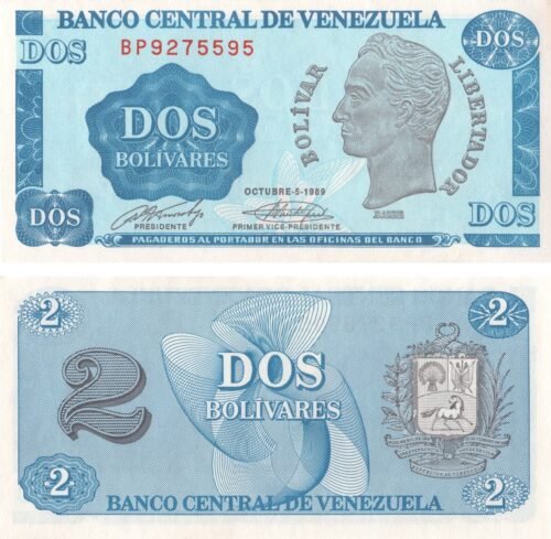 venezuela-2-bolivares-1989-p-69-unc-obverse-reverse Venezuela 2 Bolivares 1989 P-69 UNC Banknote – Obverse and Reverse