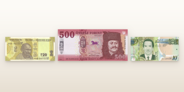 India, Hungary and Botswana banknotes showing different signature arrangements