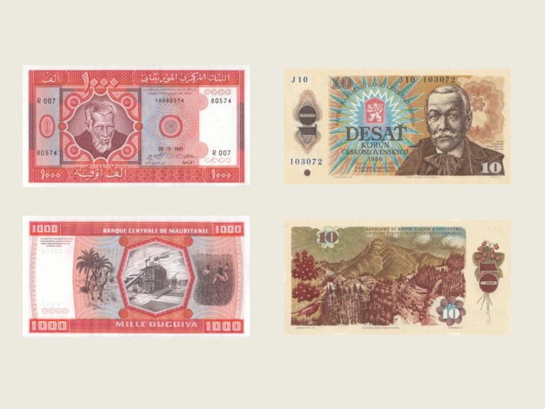 Mauritania 1000 Ouguiya 1981 and Czechoslovakia 10 Korun 1986 banknotes, obverse and reverse