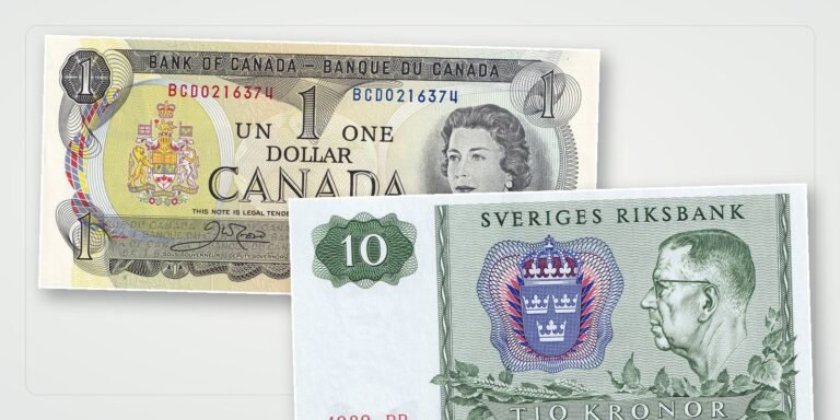 Canadian 1 dollar and Swedish 10 kronor banknotes illustrating withdrawn and invalid notes that may retain redemption value