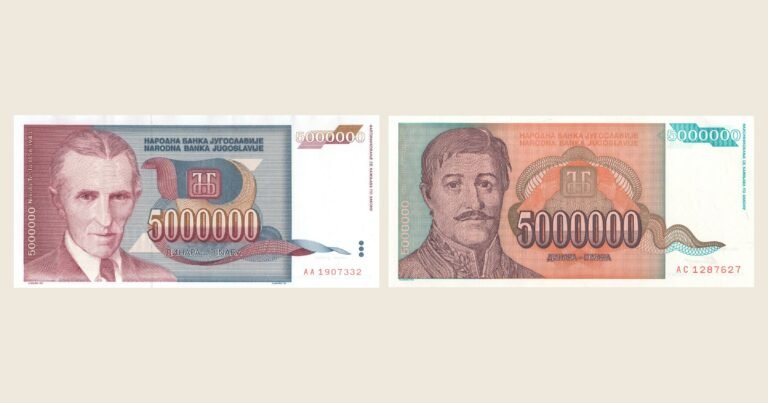 Yugoslavia 5,000,000 Dinara 1993 P-121 and P-132 banknotes shown side by side