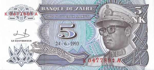 zaire-5-new-makuta-1993-p-48-unc-obverse Zaire 5 New Makuta 1993 P-48 UNC Banknote – Obverse