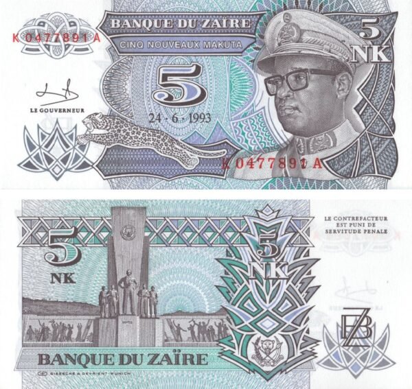 zaire-5-new-makuta-1993-p-48-unc-obverse-reverse Zaire 5 New Makuta 1993 P-48 UNC Banknote – Obverse and Reverse