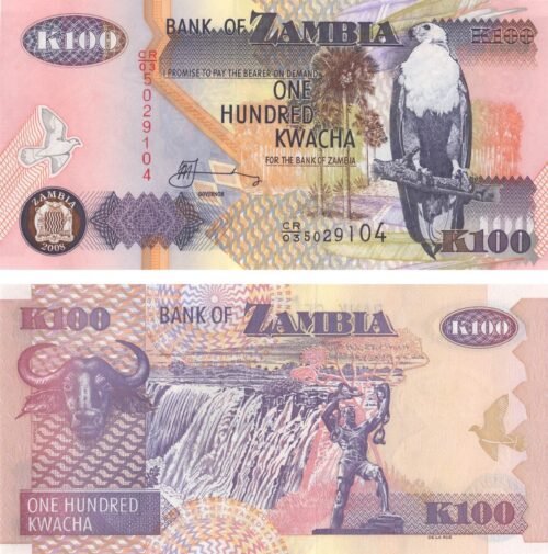Zambia 100 Kwacha 2008 P-38g UNC Banknote &ndash; Obverse and Reverse