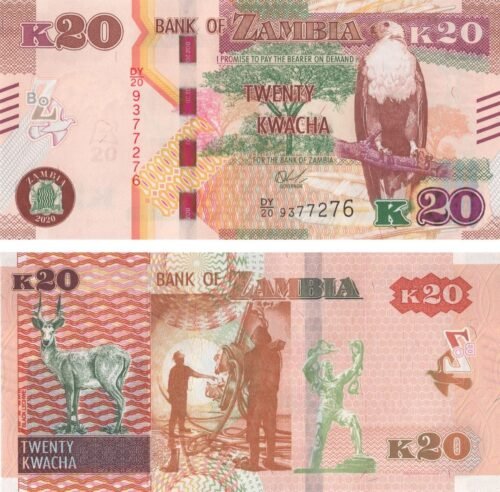zambia-20-kwacha-2020-p-59-unc-obverse-reverse Zambia 20 Kwacha 2020 P-59 UNC Banknote – Obverse and Reverse