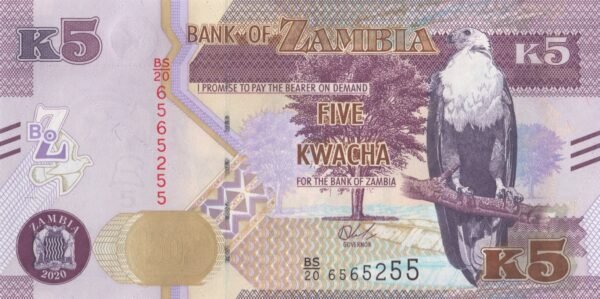zambia-5-kwacha-2020-p-57-unc-obverse Zambia 5 Kwacha 2020 P-57 UNC Banknote – Obverse