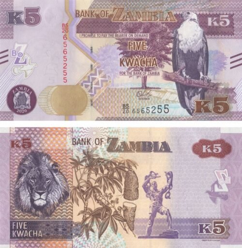 Zambia 5 Kwacha 2020 P-57 UNC Banknote &ndash; Obverse and Reverse