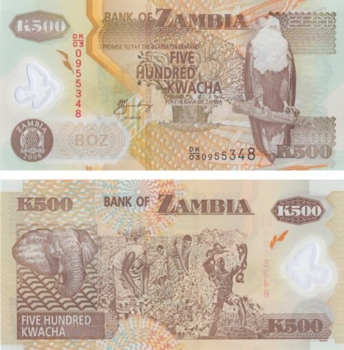 zambia-500-kwacha-2008-p-43f-unc-obverse-reverse Zambia 500 Kwacha 2008 P-43f UNC Banknote – Obverse and Reverse