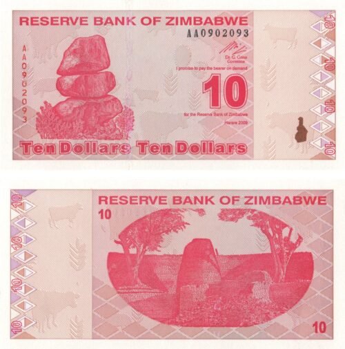 zimbabwe-10-dollars-2009-p-94-unc-obverse-reverse Zimbabwe 10 Dollars 2009 P-94 UNC Banknote – Obverse and Reverse