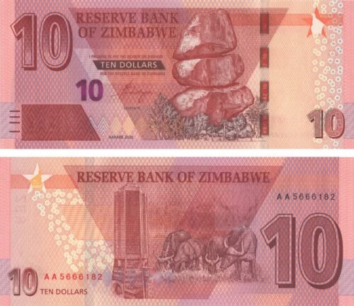 zimbabwe-10-dollars-2020-p-103-unc-obverse-reverse Zimbabwe 10 Dollars 2020 P-103 UNC Banknote – Obverse and Reverse