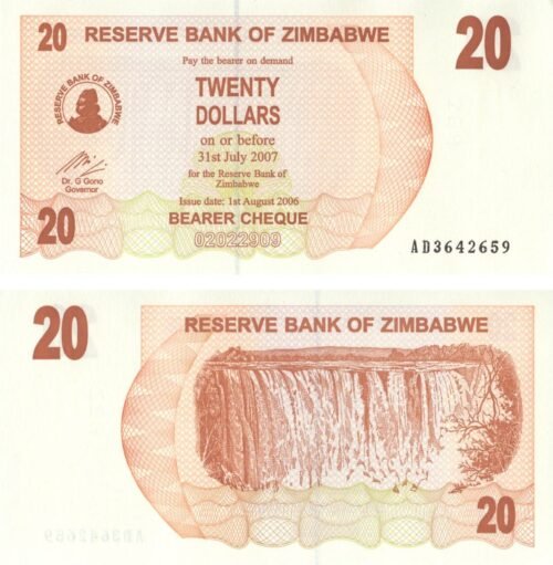 zimbabwe-20-dollars-2006-p-40-unc-obverse-reverse Zimbabwe 20 Dollars 2006 P-40 UNC Banknote – Obverse and Reverse