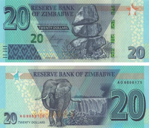 zimbabwe-20-dollars-2020-p-104-unc-obverse-reverse Zimbabwe 20 Dollars 2020 P-104 UNC Banknote – Obverse and Reverse