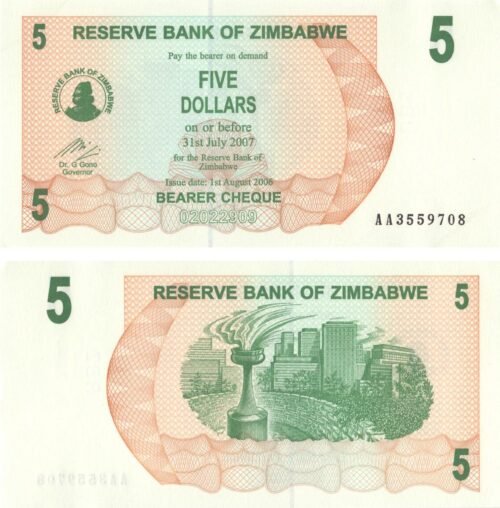 zimbabwe-5-dollars-2006-p-38-unc-obverse-reverse Zimbabwe 5 Dollars 2006 P-38 UNC Banknote – Obverse and Reverse