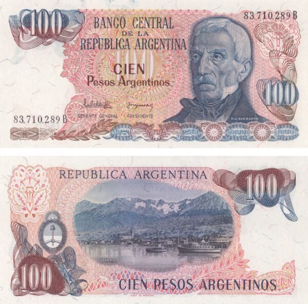 argentina-100-pesos-argentinos-1983-p-315a-1-unc-obverse-reverse Argentina 100 Pesos Argentinos 1983 P-315a(1) UNC Banknote – Obverse and Reverse
