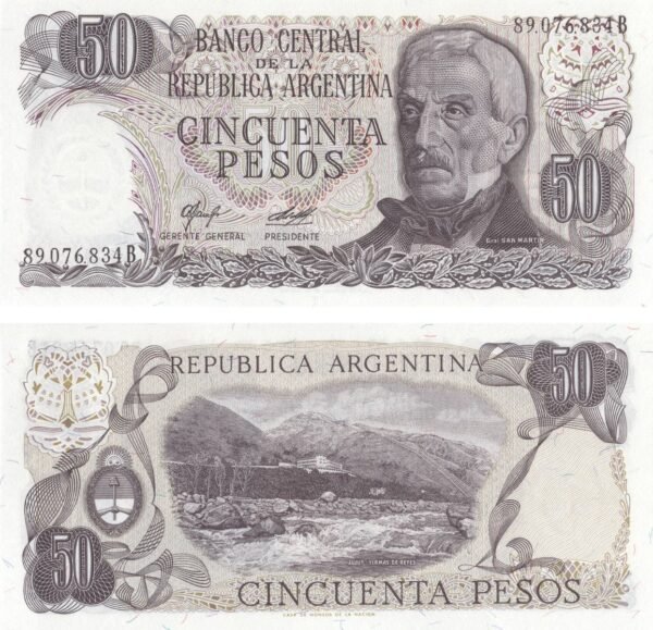 Argentina 50 Pesos 1977 P-301a(2) UNC Banknote – Obverse and Reverse