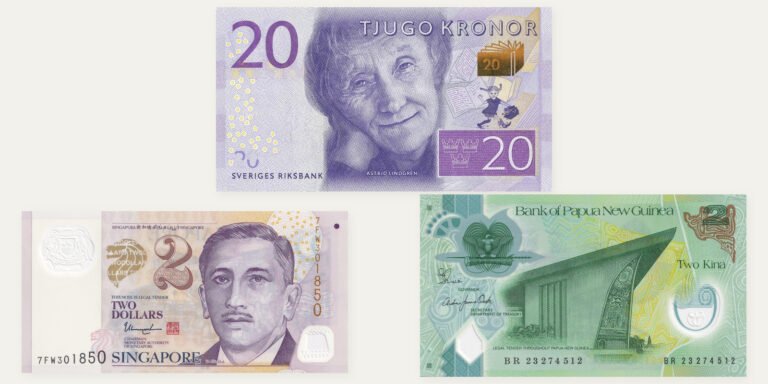 Original obverse scans of Sweden 20 kronor, Singapore 2 dollars and Papua New Guinea 2 kina banknotes arranged for a guide to banknote print-run figures
