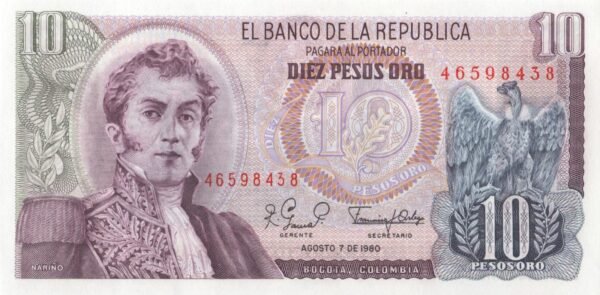 Colombia 10 Pesos Oro 1980 P-407g UNC Banknote – Obverse