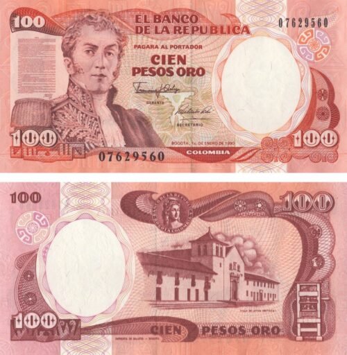 Colombia 100 Pesos Oro 1990 P-426e UNC Banknote – Obverse and Reverse