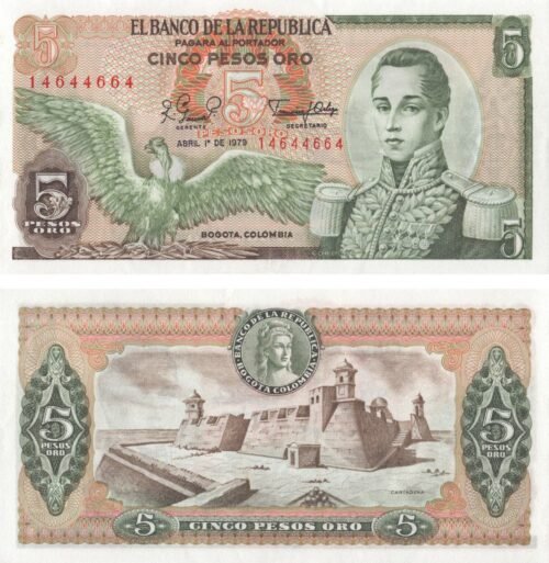 Colombia 5 Pesos Oro 1979 P-406f UNC Banknote – Obverse and Reverse
