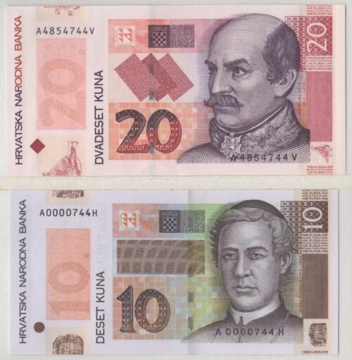 Croatia 10 & 20 Kuna Set 2004 & 2014 P-43 & P-44 UNC Banknote – Obverse and Reverse