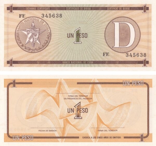 Cuba 1 Peso 1991 P-FX32 UNC Banknote – Obverse and Reverse