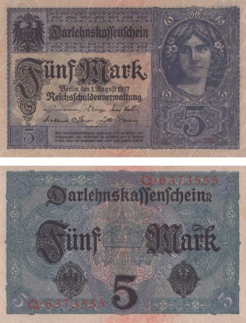 Germany 5 Mark 1917 P-56a UNC Banknote &ndash; Obverse and Reverse