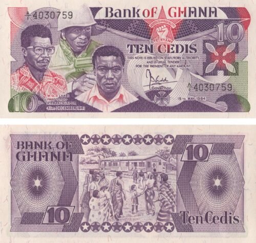 ghana-10-cedis-1984-p-23-unc-obverse-reverse Ghana 10 Cedis 1984 P-23 UNC Banknote – Obverse and Reverse