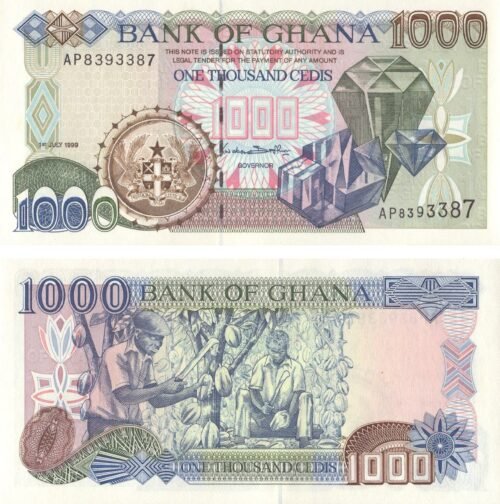 ghana-1000-cedis-1999-p-32d-unc-obverse-reverse Ghana 1000 Cedis 1999 P-32d UNC Banknote – Obverse and Reverse