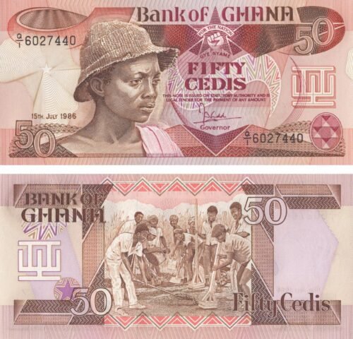 ghana-50-cedis-1986-p-25-unc-obverse-reverse Ghana 50 Cedis 1986 P-25 UNC Banknote – Obverse and Reverse