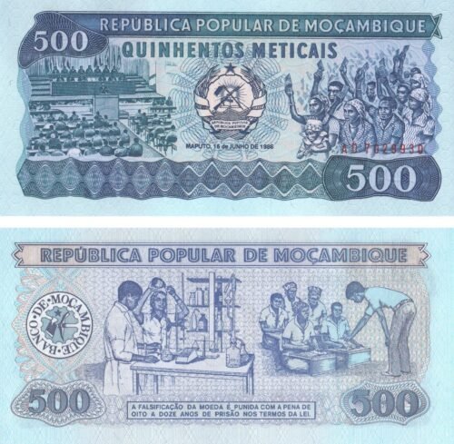 Mozambique 500 Meticais 1986 P-131b UNC Banknote – Obverse and Reverse
