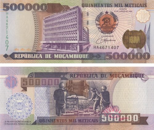 Mozambique 500000 Meticais 2003 P-142 UNC Banknote – Obverse and Reverse