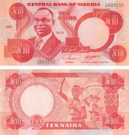 nigeria-10-naira-2001-p-25f-2-unc-obverse-reverse Nigeria 10 Naira 2001 P-25f(2) UNC Banknote – Obverse and Reverse