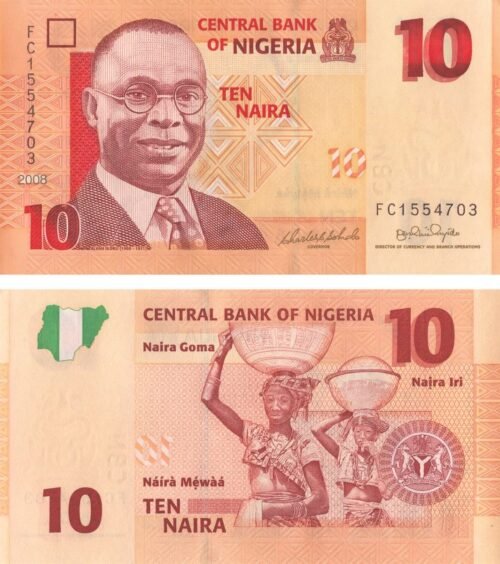 nigeria-10-naira-2008-p-33c-unc-obverse-reverse Nigeria 10 Naira 2008 P-33c UNC Banknote – Obverse and Reverse