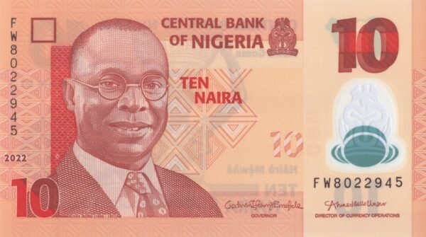 nigeria-10-naira-2022-p-39-unc-obverse Nigeria 10 Naira 2022 P-39 UNC Banknote – Obverse