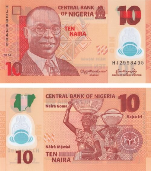 nigeria-10-naira-2024-p-39-unc-obverse-reverse Nigeria 10 Naira 2024 P-39 UNC Banknote – Obverse and Reverse