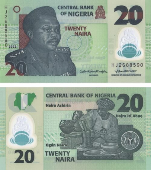 nigeria-20-naira-2022-p-34-unc-obverse-reverse Nigeria 20 Naira 2022 P-34 UNC Banknote – Obverse and Reverse