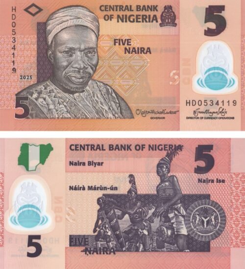 nigeria-5-naira-2025-p-38-1-unc-obverse-reverse Nigeria 5 Naira 2025 P-38(1) UNC Banknote – Obverse and Reverse