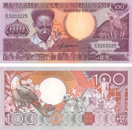 Suriname 100 Gulden 1986 P-133a(1) UNC Banknote – Obverse and Reverse