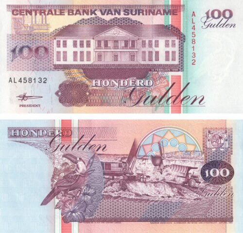 Suriname 100 Gulden 1998 P-139b UNC Banknote – Obverse and Reverse