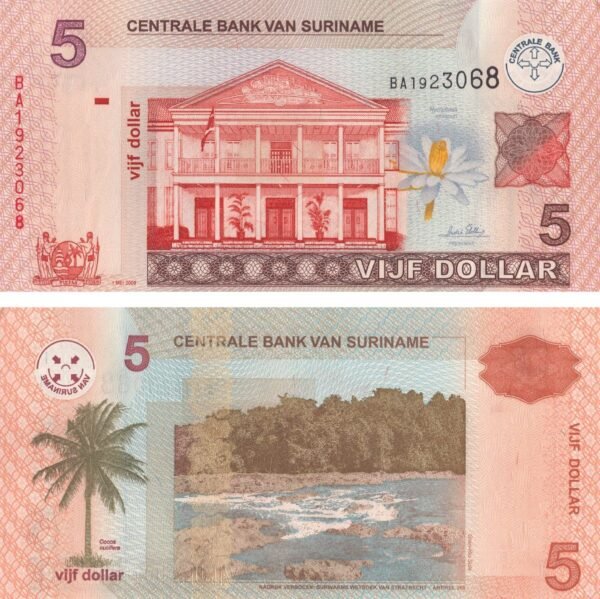 suriname-5-dollars-2009-p-157c-unc-obverse-reverse Suriname 5 Dollars 2009 P-157c UNC Banknote – Obverse and Reverse