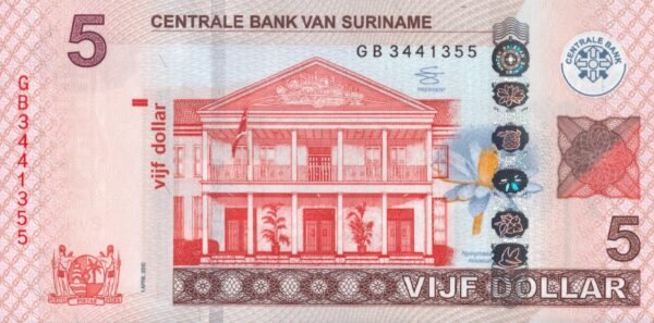 Suriname 5 Dollars 2012 P-162b UNC Banknote – Obverse