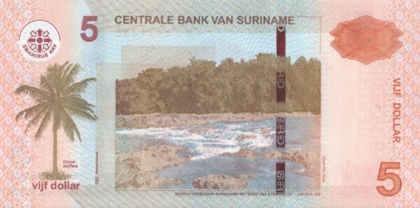 Suriname 5 Dollars 2012 P-162b UNC Banknote – Reverse