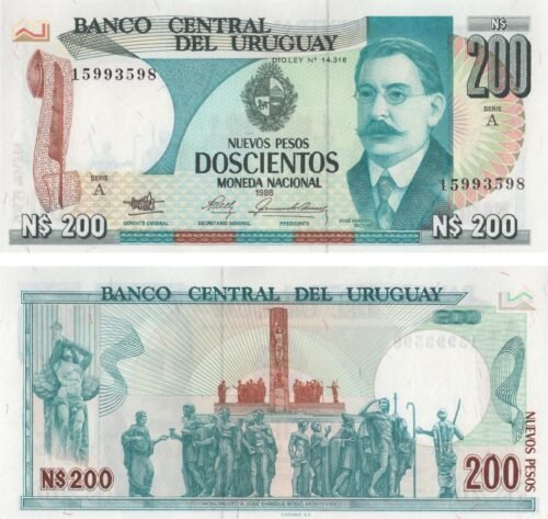 Uruguay 200 Nuevos Pesos 1986 P-66 UNC Banknote – Obverse and Reverse