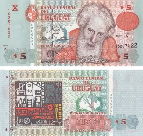 Uruguay 5 Pesos Uruguayos 1998 P-80 UNC Banknote – Obverse and Reverse